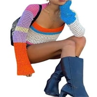 Liacowi жени издълбават дълги ръкави плетен върхове на цвета на цветния блок тънък годен пуловер риза Модни улични дрехи