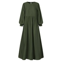 Летни рокли за жени Солидно кръгло деколте A-Line Дължина на глезена Модна рокля с дълъг ръкав зелено l