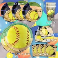 Havercamp Girls Fastpitch Softball Party за гости; Включва EA. Lg. Чинии, обяд салфетки, Оз. Чаши и покани и два балона Mylar в автентична софтболна графика