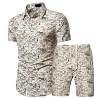 Летни ежедневни мъжки летни 2 части плажни отпечатани ризи с къс ръкав и шорти панталони