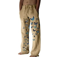 YOLAI Мъжки модни ежедневни отпечатани ленени джобни панталони панталони с голям размер панталони